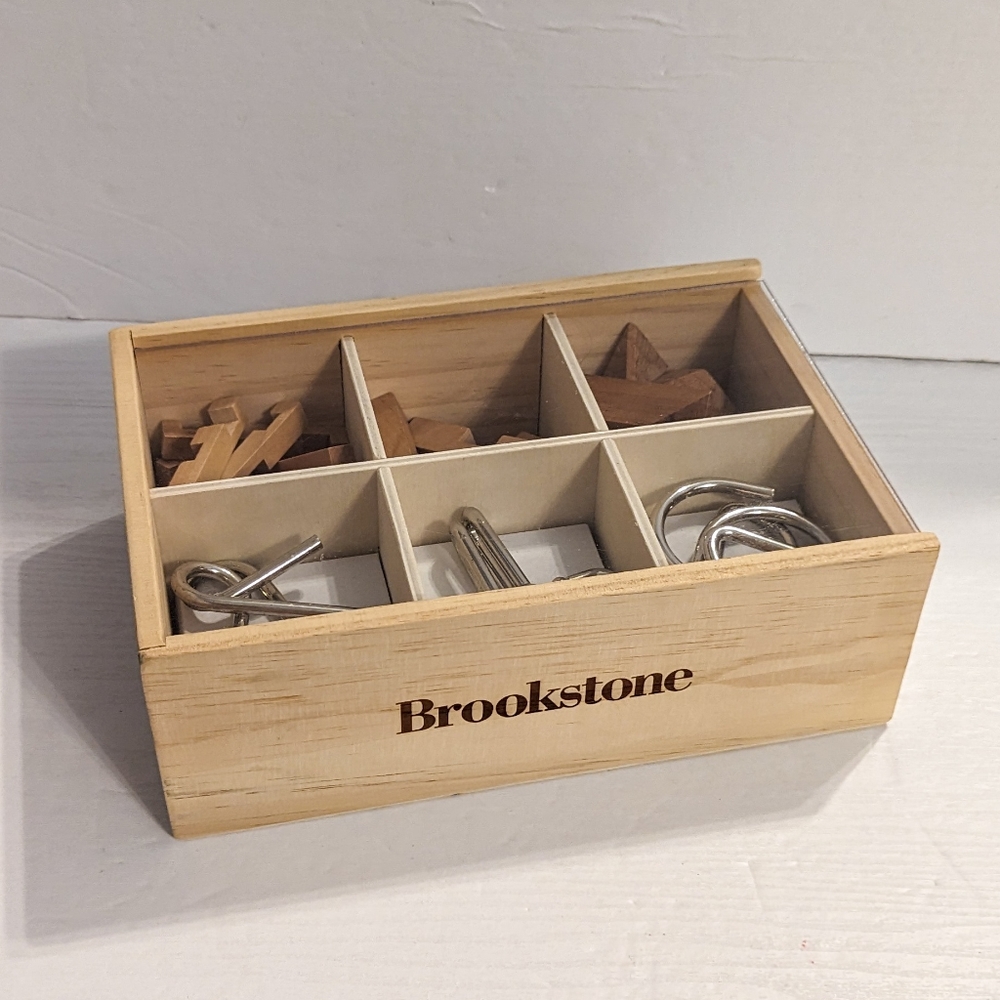 Brookstone Wooden / Metal Puzzles Set with Wooden Box